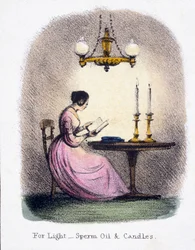 Para luz, aceite de esperma y velas, c. 1845