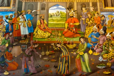 Fresco; banquete con bailarinas; Shah Tahmasp recibe al emperador mogol indio Homayun; 1544; Chehel Sotoun; Palacio de las Cuarenta Columnas; Isfahan; Irán; Asia