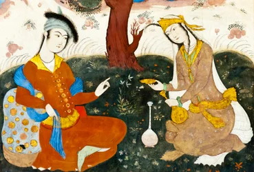 Fresco; dos amantes; miniatura persa; Chehel Sotoun; Palacio de las Cuarenta Columnas; Isfahan; Irán; Asia