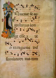 Inicial iluminada con la figura de San Agustín (Corale 19, c. 149), obra de Silvestro dei Gherarducci para el libro de coro 19 de Santa Maria degli Angeli conservado en la Biblioteca Medicea Laurenziana en Florencia