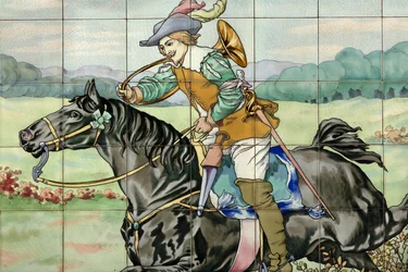 Vista interior, panel de azulejos, pintor Furcy Ernest Tondeur, ejecutor Boch Frères La Louvière, segundo panel muestra escena de caza con jinete galopando con cuerno de caza
