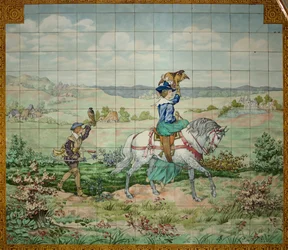 Vista interior, panel de azulejos, pintor Furcy Ernest Tondeur, ejecutado por Boch Frères La Louvière, segundo panel, escena de caza con un noble y una noble con halcones