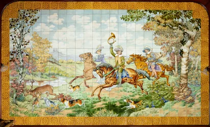 Vista interior, panel de azulejos, pintor Furcy Ernest Tondeur, ejecutor Boch Frères La Louvière, primer panel, escena de caza con tres jinetes