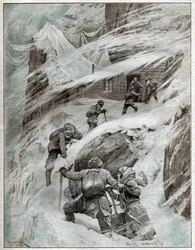 Turistas italianos atrapados en la tormenta en los Alpes italianos. 1925 (Ilustración)