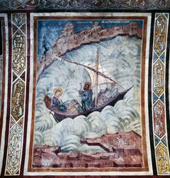 Jesús calmando la tormenta, fresco en la bóveda de la iglesia del monasterio de Thari, isla de Rodas, Grecia