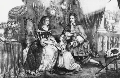 El rey Luis XIV y su hija suplicando a la duquesa Louise de La Valliere que no se retire al convento