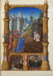 Las muy ricas horas del duque de Berry, Folio 82r - Job burlado por sus amigos el Museo Condé, Chantilly. Job, su esposa y sus amigos