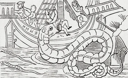 Hombre siendo devorado por una serpiente marina
