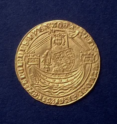 Noble de Eduardo III (1312-77) anverso mostrando al rey en un barco, ceca de Calais, intro. 1344