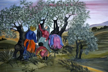 Recolección de aceitunas, obra ingenua de Barbara Mencarelli, Mandoleto, Solomeo, Umbría, Italia