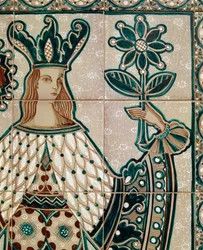 Panel de mayólica pintado que representa una escena alegórica, Santo Stefano di Camastra, Sicilia, Italia (detalle)