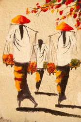 Pintura; mujeres asiáticas con sombreros de paja; Vientián; Laos; Sudeste Asiático; Asia