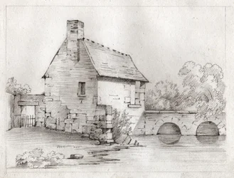 Casa campesina al borde de un río. circa 1830