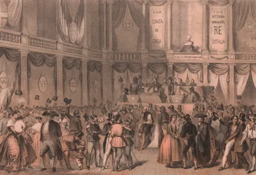Plebiscito para la anexión a Italia, sala de la Universidad de Nápoles, Campania, Risorgimento italiano, litografía de Carlo Perrin a partir de un dibujo de Carlo Bossoli (1815-1884), 22x15 cm