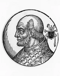 Retrato de Teodoro I (fallecido en 649), 73º Papa de la Iglesia Católica desde 642, grabado