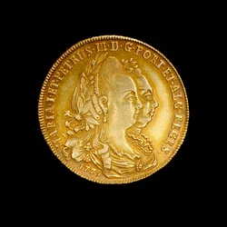 Moneda portuguesa que representa a la Reina María I y su consorte el Rey Pedro III