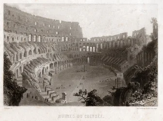 Ruinas del Coliseo en Roma, circa 1840 (grabado)