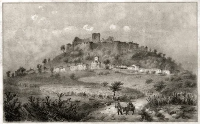 Ruinas del castillo de Preny, Lorena. ca. 1860 (grabado)