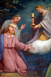 Iglesia de Rumilly. Pintura mural. Jesús orando en el jardín de Getsemaní después de la Última Cena. Francia.