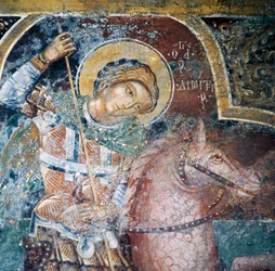 Santo a caballo, fresco en la iglesia del monasterio de Thari, isla de Rodas, Grecia