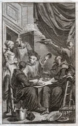 La fiesta de los monjes violando las reglas monásticas. Beben vino, cortejan a las doncellas. Siglo XVIII (grabado)