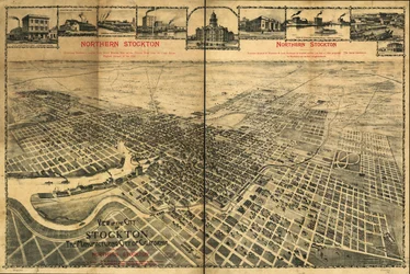 Vista de la ciudad de Stockton, la Ciudad Manufacturera de California mostrando la ubicación del norte de Stockton