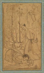Un hombre santo postrándose ante un príncipe erudito, c. 1585, borde añadido probablemente en 1700s