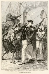 Después de rechazar vigorosamente a los fellahs que ofrecieron su ayuda, de La vuelta al mundo en ochenta días de Julio Verne