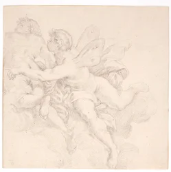 Dos figuras en las nubes, una de ellas posiblemente una alegoría del viento