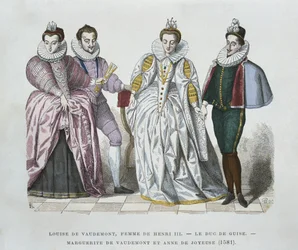 Luisa de Lorena-Vaudémont (1553-1601), esposa de Enrique III, Duque de Guisa (1549-88), Margarita de Vaudémont (1564-1625) y Ana de Joyeuse (1561-87)