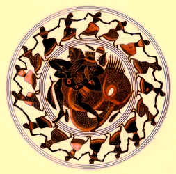 Heracles luchando con Tritón, ilustración de Pinturas de Vasos Griegos por J. E. Harrison y D. S. MacColl, publicada en 1894 (imagen digitalmente mejorada)