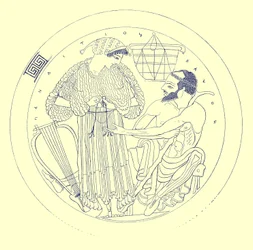 Interior de Cílice por Eufronio, ilustración de Pinturas de Vasos Griegos por J. E. Harrison y D. S. MacColl, publicada en 1894 (imagen digitalmente mejorada)