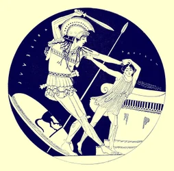 La muerte de Troilo, ilustración de Pinturas de Vasos Griegos por J. E. Harrison y D. S. MacColl, publicada en 1894 (imagen digitalmente mejorada)