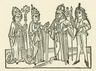 El Emperador del Sacro Imperio Romano y el Papa, acompañados por un caballero y un obispo, sosteniendo espadas, simbolizando el poder judicial en sus tierras