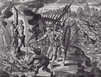 La venganza de los españoles por la muerte de Ayolas, de Historia Antipodum de Gottfried, pub. en 1655, de El Romance del Río de la Plata, Vol. I, por W. H. Koebel, 1914