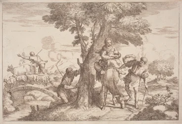 La huida a Egipto con un pastor observando desde detrás de un árbol