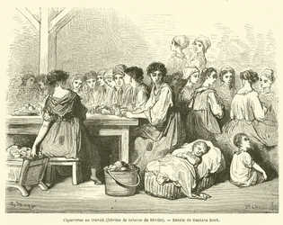 Cigarreras trabajando, fábrica de tabacos de Sevilla