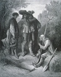 Ilustración para El anciano y los tres jóvenes, de Fábulas de Jean de La Fontaine (1621-95)