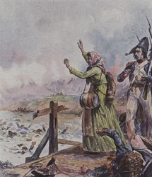 Una cantinera francesa viendo a su esposo entre un grupo de soldados ahogándose en la Batalla de Arcole, Italia, 1796