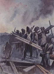 Soldados franceses construyendo un puente de pontones en la Batalla de Arcole, Italia, 1796