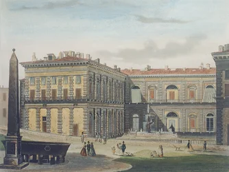 Patio interior del Palazzo Pitti, Florencia, grabado por Johann Falkeisen y coloreado por L. Cherbuin, c.1842