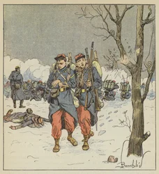 El furriel Delorme, herido, se retira bajo las balas