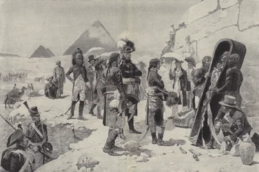 Napoleón ante las Pirámides contemplando la momia de un faraón
