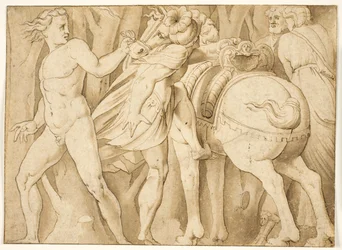Escena de la historia romana? Un hombre montando un caballo sostenido por un hombre desnudo