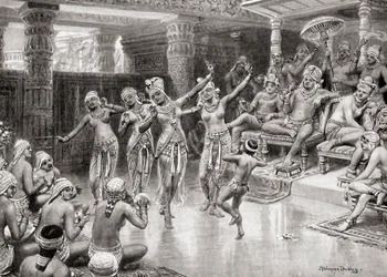 Impresión de un artista del siglo XIX de Gautamiputra Satakarani celebrando su victoria sobre Nahapana, de la Historia de las Naciones de Hutchinson, pub.1915