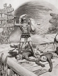 Alejandro Magno luchando contra los Assacani en la ciudad fortificada de Massaga, India durante su campaña india en 326 a.C., de la Historia de las Naciones de Hutchinson, pub.1915