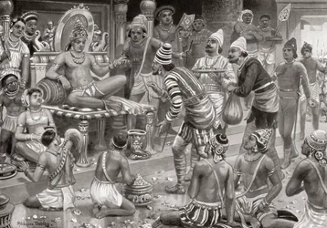 Pulakeshin II, el Chalukaya, recibiendo enviados de Persia en Badami, de la Historia de las Naciones de Hutchinson, pub.1915