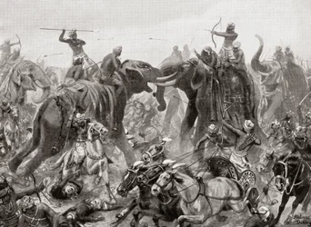 La derrota de Pulakeshin Chalukhya por Narasimhavarman I en Badami en 642 d.C., de la Historia de las Naciones de Hutchinson, pub.1915