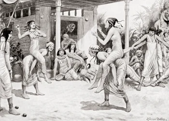 Niñas jugando a la pelota en forma de danza en el antiguo Egipto, de la Historia de las Naciones de Hutchinson, pub.1915