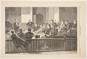 Jurados escuchando al abogado, Corte Suprema, Nuevo Ayuntamiento, Nueva York